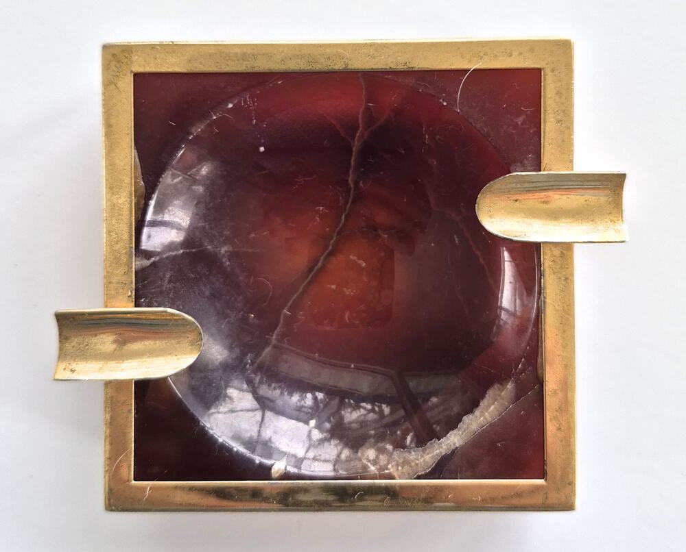 Mid Century Mod Ash Tray Trinket Dish 1950's Amber Onyx and Brass